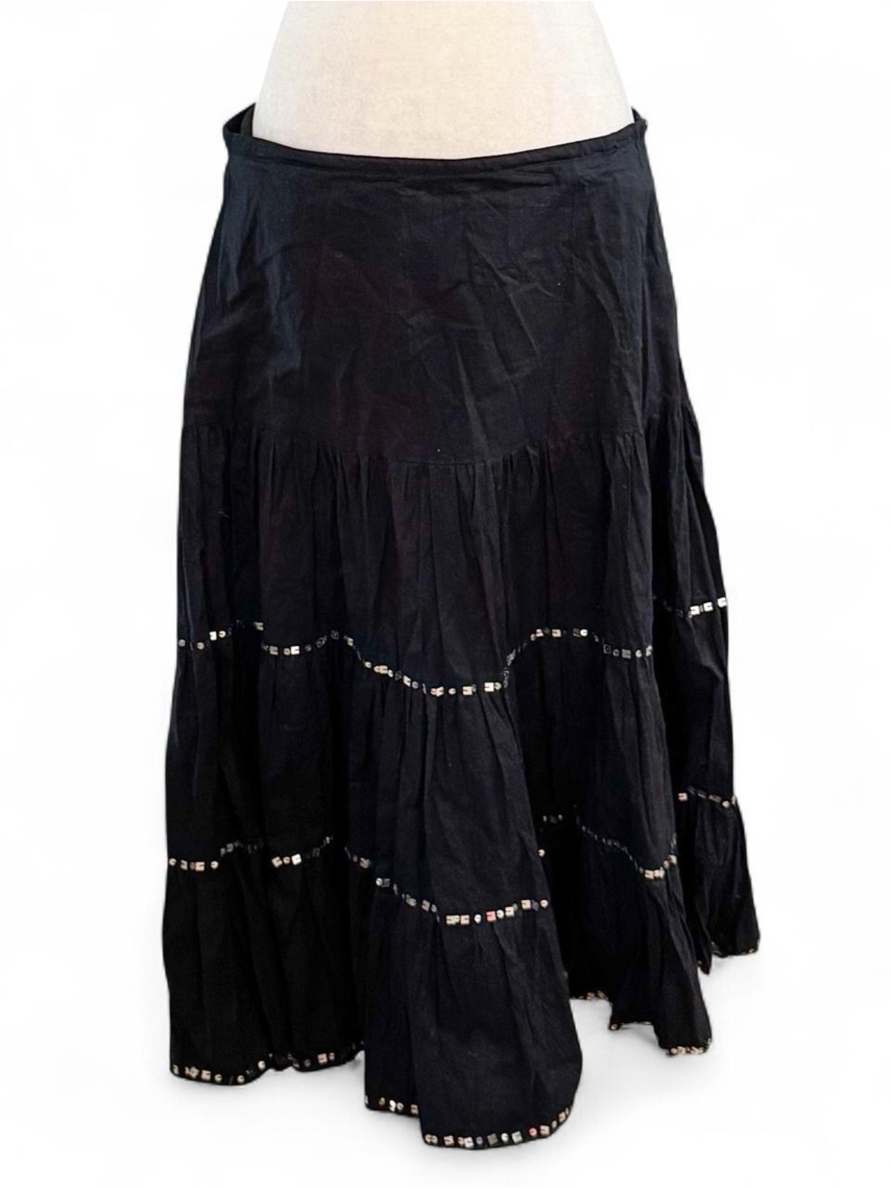 Vintage Keren Hart Black Tiered Maxi Skirt Boho Mirror Embellished
